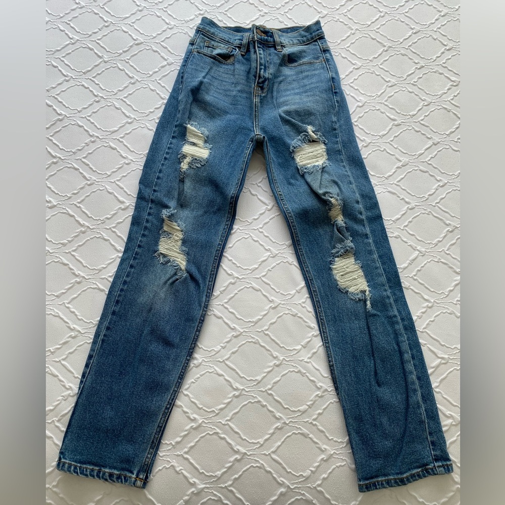Fashion Nova - Medium Dark Wash High Rise Distressed Denim Straight Leg Jeans
